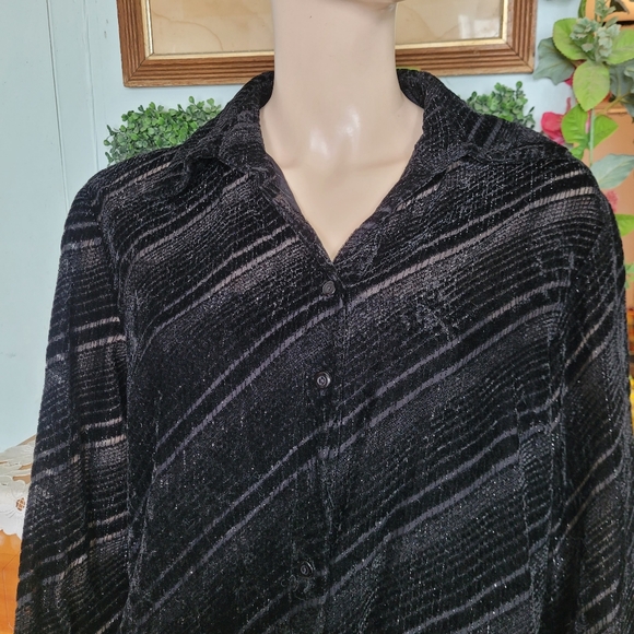 Vintage 90s Y2K Pulli Black Velvet Burnout Stripe Shirt Whimsigoth Goth - Picture 2 of 12
